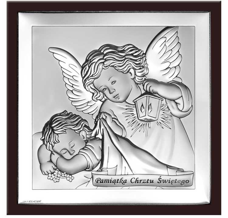 Obraz Aniołek z latarenką nad dzieckiem ze srebrem na drewnianym podkładzie 6430/3WM