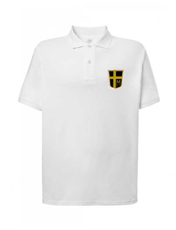 Koszulka polo krótki rękaw biała z logo i z napisem na plecach - przód