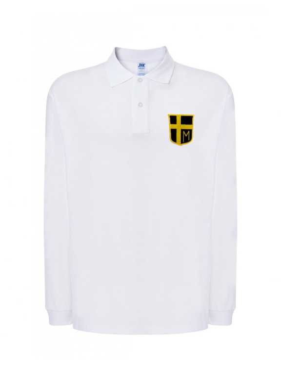 Koszulka polo długi rękaw biała z logo i napis na plecach - przód