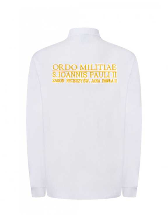 Koszulka polo długi rękaw biała z logo i napis na plecach - tył