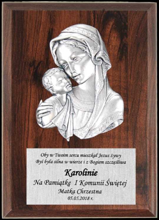 Blaszka życzeniami Plakietka Matka Boża z Dzieciątkiem - Pamiątka I Komunii Świętej