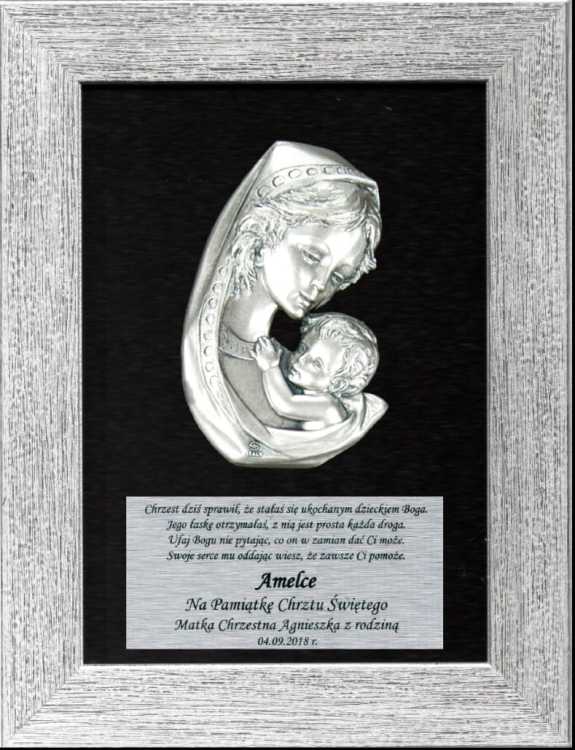 Obraz Matki Bożej z Dzieciątkiem w srebrnej ramie Pamiątka Chrztu Świętego