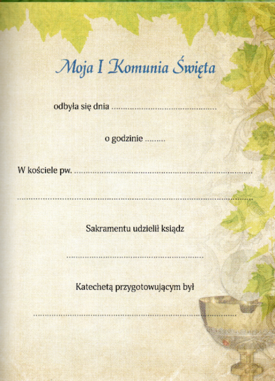 Pamiątka I Komunii Świętej - kielich WDS wkładka 2