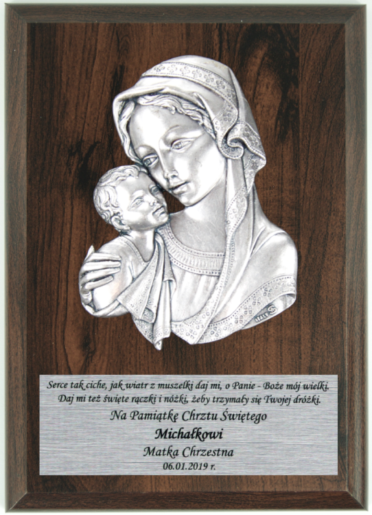 widok ogólny Obraz Matki Bożej z Dzieciątkiem - plakietka pamiątka Chrztu Świętego