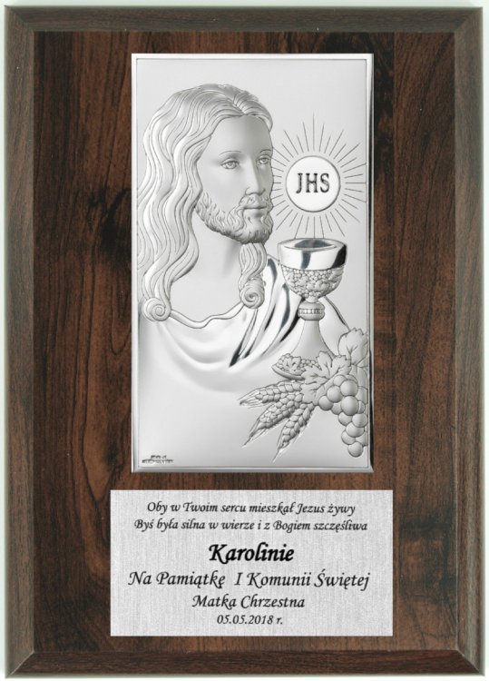 Plakietka Pan Jezus z kielichem i hostią - Pamiątka I Komunii Świętej widok z przodu