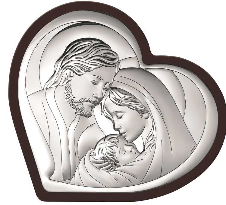 Obraz święta Rodzina ze srebrem serce na podkładzie drewnianym 6432/6WM