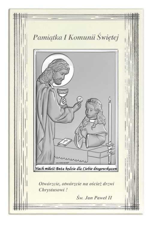 Pamiątka I Komunii Świętej dla dziewczynki 6596F/2A z tabliczką - widok z przodu