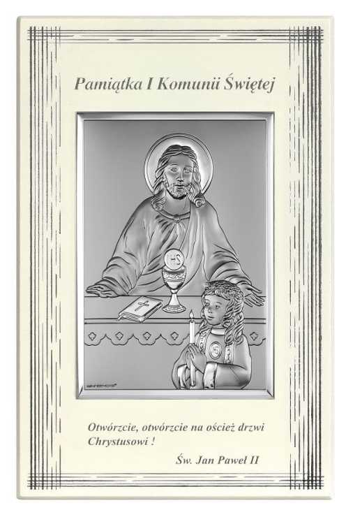 Pamiątka I Komunii Świętej dla dziewczynki 6597F/2XA z tabliczką - widok z przodu