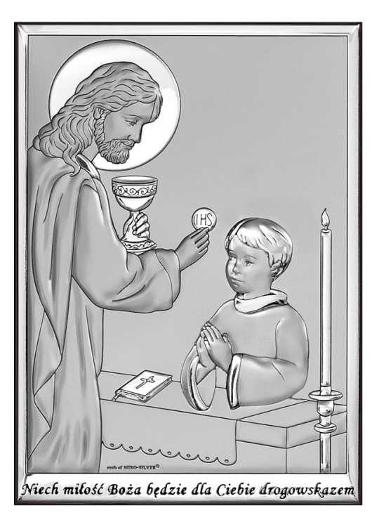 Pamiątka I Komunii Świętej dla chłopca 6594/2O z tabliczką - widok z przodu