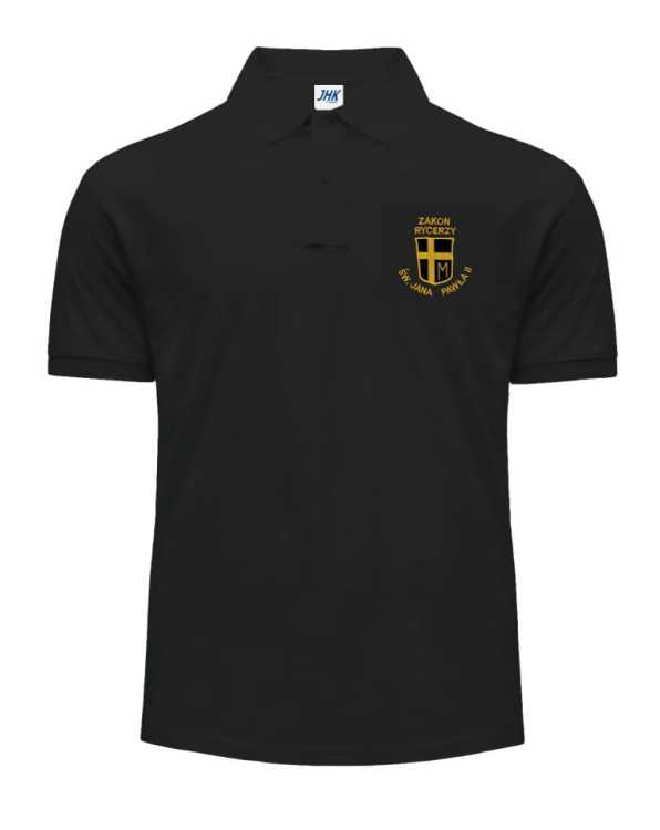Koszulka polo krótki rękaw czarna z logo i napisem - haft na lewym rękawie - przód