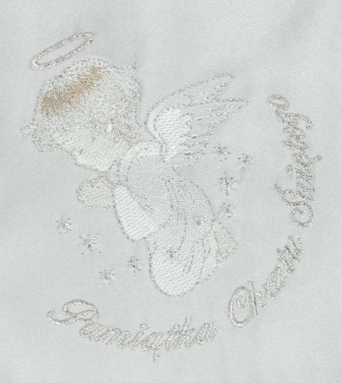 Szatka do chrztu kwadrat anioł haft srebrny wzór napis Pamiątka Chrztu Świętego