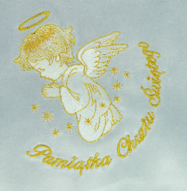 Szatka do chrztu kwadrat anioł haft złota wzór haftu napis Pamiątka Chrztu Świętego