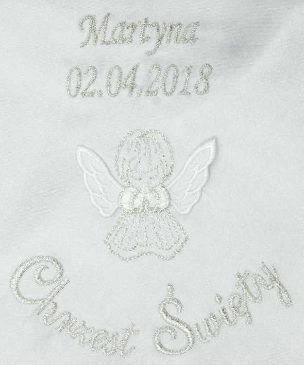 Szatka do chrztu kwadrat anioł haft srebrny - przykład haftu srebro